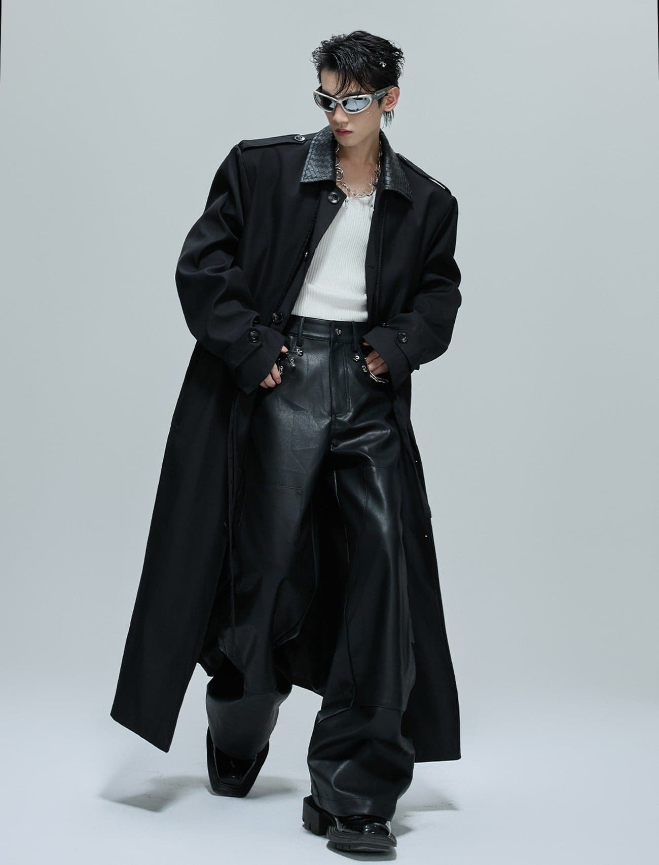 Deconstructed Leather Long Trench Coat