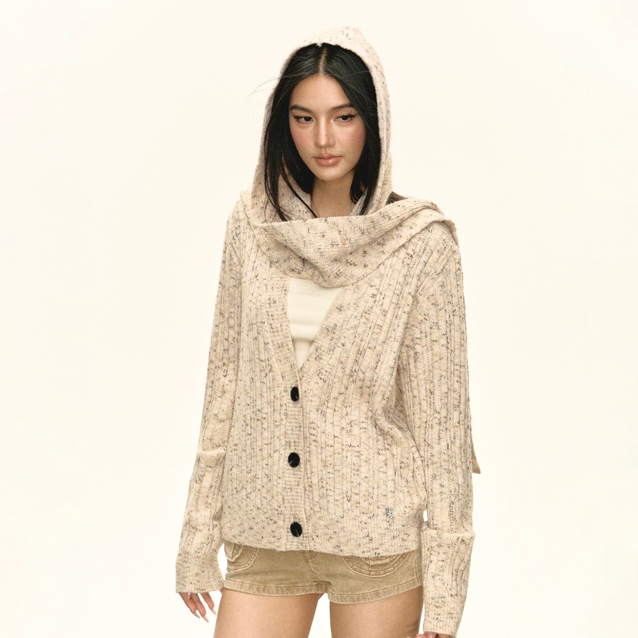 Knit Hooded Button-Up Sweater