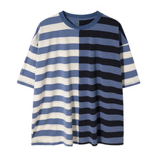 Load image into Gallery viewer, Sicilian men&#39;s summer Hong Kong style short-sleeved men&#39;s tide brand trend loose five-point sleeve men&#39;s stitching striped t-shirt
