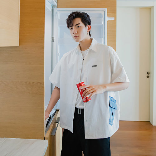 Sicilian men's design sense white short-sleeved shirt male Korean style trend loose half-sleeved stitching white shirt