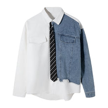 Load image into Gallery viewer, Sicilian men&#39;s spring new design sense denim stitching Korean loose handsome college style shirt men&#39;s long sleeves
