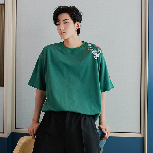 Sicilian men's summer white half-sleeved men's trend five-point sleeve loose men's Hong Kong style printed short-sleeved t-shirt