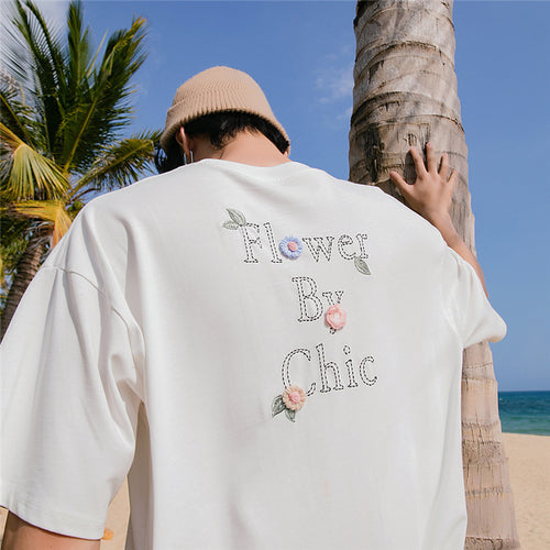 Sicilian men's summer new letter embroidery t-shirt men's short-sleeved loose casual youth flower t-shirt