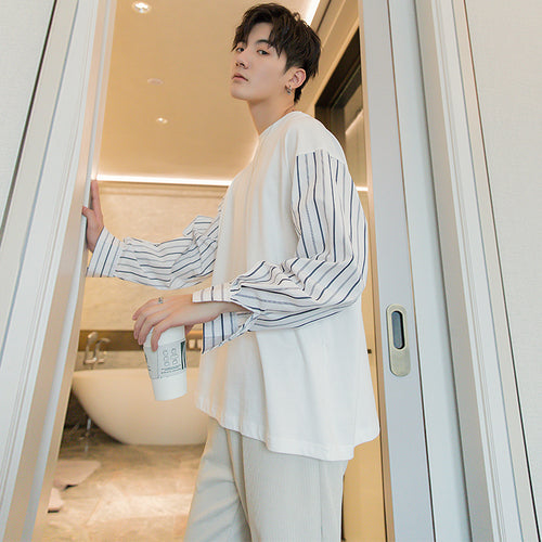 Sicilian men's spring Korean men's shirt white bottoming shirt loose striped stitching long-sleeved T-shirt men
