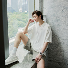 Load image into Gallery viewer, Sicilian men&#39;s summer thin knit stitching half-sleeved men&#39;s trend loose V-neck white ice silk short-sleeved t-shirt
