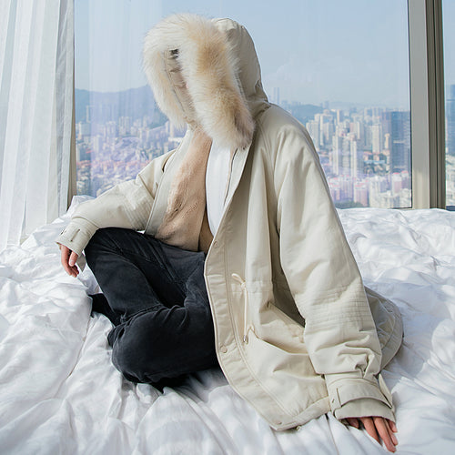 【Take a 40% off straight down】Hooded fur collar jacket men's Korean style loose thickened youth mid-length cotton coat 4499526461214 4499526461215 4499526461212 4499526461213