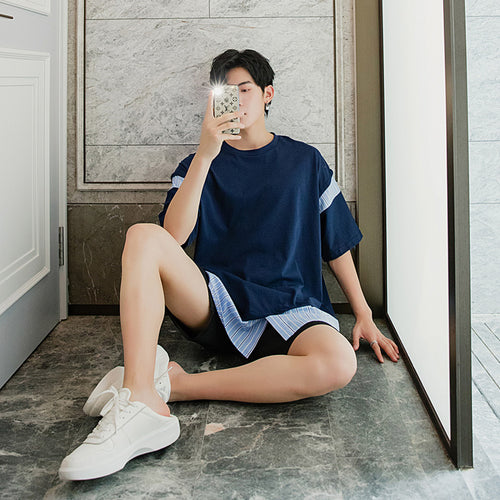 Sicilian men's clothing Hong Kong style short-sleeved men's tide brand trend five-point sleeve loose men's half-sleeved stitching fake two-piece t-shirt