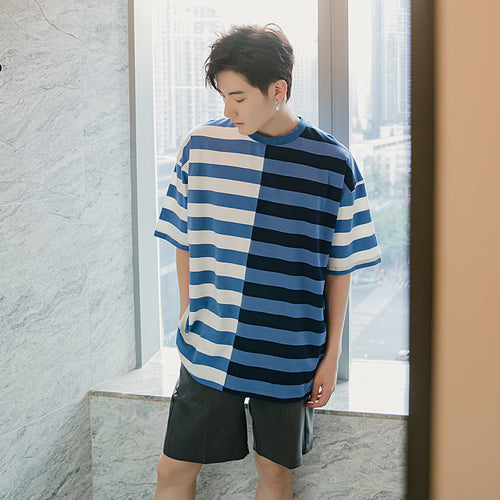 Sicilian men's summer Hong Kong style short-sleeved men's tide brand trend loose five-point sleeve men's stitching striped t-shirt