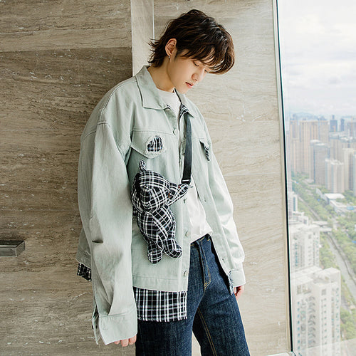 Sicilian men's bag accessories autumn stitching fake two-piece jacket male Korean version of the trend loose men's black jacket