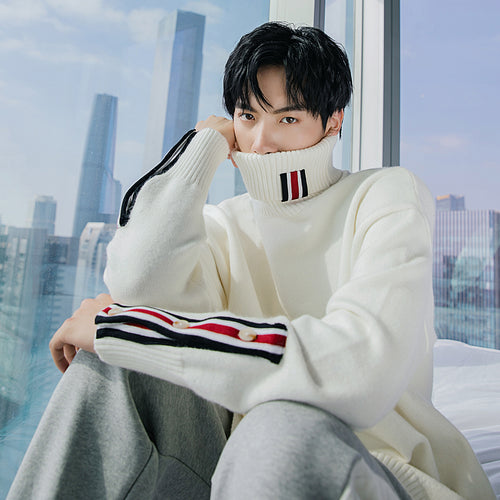 Sicilian men's winter new turtleneck sweater contrast stitching Korean handsome loose thick men's sweater