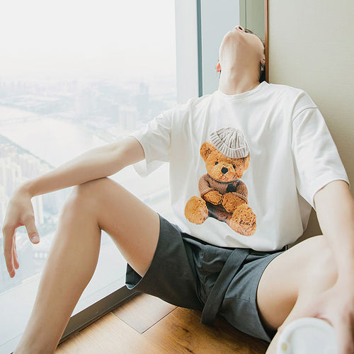 Sicilian men's summer Hong Kong style short-sleeved men's tide brand trend loose half-sleeved boys white bear print t-shirt