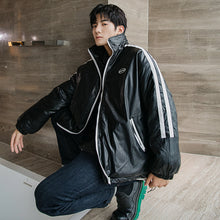 Load image into Gallery viewer, Sicilian men&#39;s black loose handsome cotton jacket stand-up collar stitching warm trend leather jacket autumn and winter men&#39;s jacket
