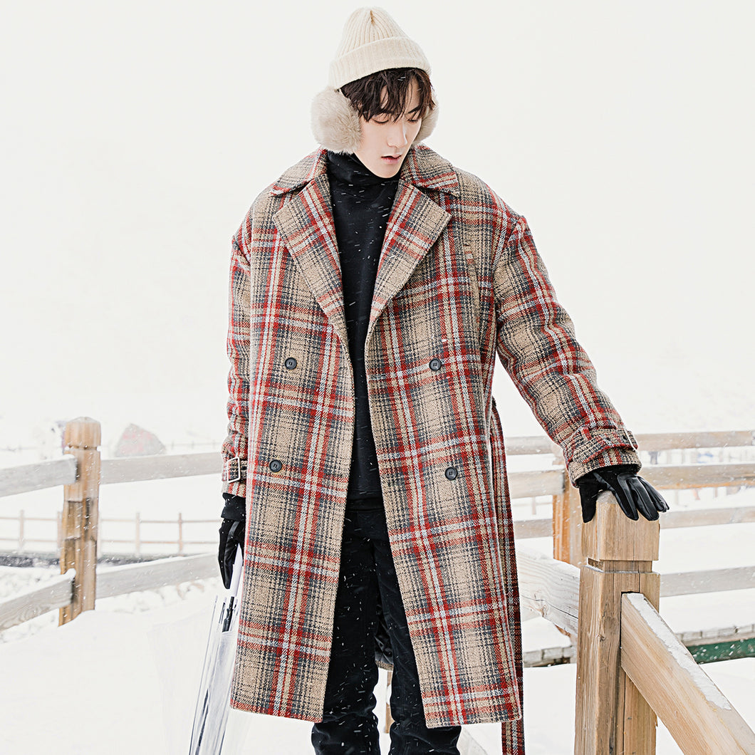 Sicilian men's plaid jacket men's autumn and winter Korean version of the trend in the long section of the knee thick woolen coat
