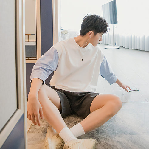 Sicilian men's summer half-sleeved men's trend loose men's white three-quarter sleeve stitching contrast short-sleeved t-shirt