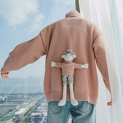 Sicilian Men's Fall/Winter Round Neck Sweater Letter Embroidery Back Accessories Cute Lamb Pullover Sweater Men