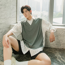 Load image into Gallery viewer, Sicilian men&#39;s fake two-piece splicing striped short-sleeved shirt male Korean version of the trend loose three-quarter sleeve shirt
