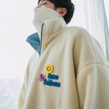 Load image into Gallery viewer, Sicilian men&#39;s winter new style double-sided stand-up collar cotton-padded jacket with embroidery smiling face thickening warm lamb velvet jacket for men
