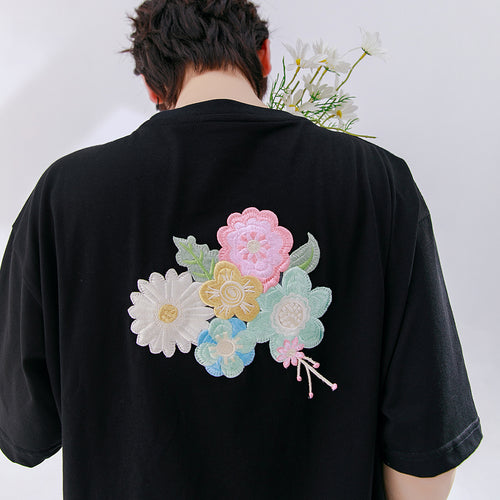 Sicilian men's 2021 new flower embroidery short-sleeved T-shirt men's summer casual all-match trend t-shirt top
