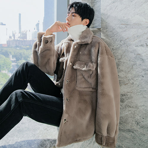 Sicilian men's winter new youth single-breasted jacket men's Korean version of the trend loose rabbit cashmere lapel coat