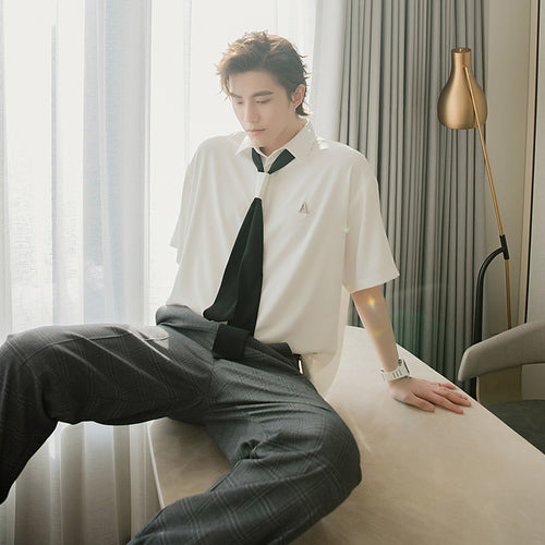 Sicilian men's college style tie short-sleeved white shirt men's Korean version of the trend loose men's ice silk white shirt