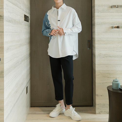 Sicilian men's design sense stitching white shirt male Korean style trend men's casual white long-sleeved shirt jacket