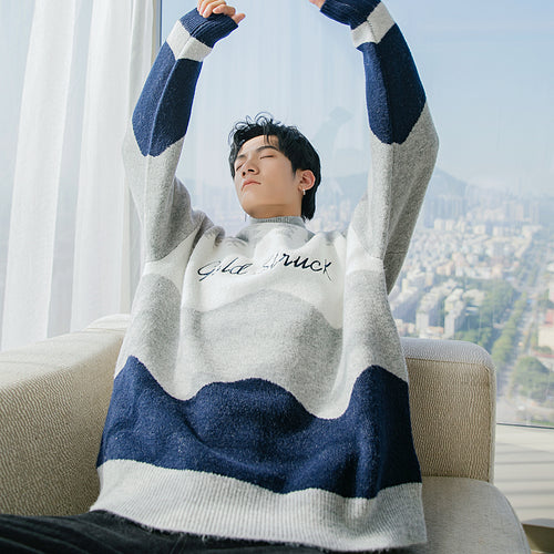 Sicilian men's winter new high-neck sweater men's contrast color letter jacquard Korean loose thick sweater