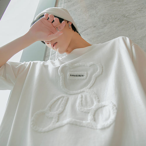 Sicilian men's bear short-sleeved t-shirt men's 2021 new flocking printed white t-shirt loose top