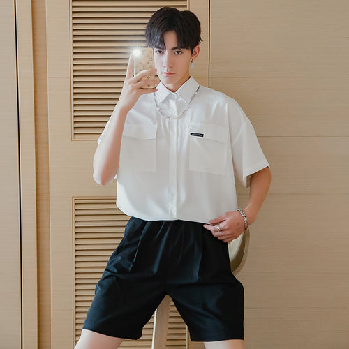 Sicilian men's summer short-sleeved white shirt male Korean version of the trend handsome loose five-point sleeve men's white shirt