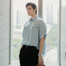 Load image into Gallery viewer, Sicilian men&#39;s summer short-sleeved denim shirt male Korean version of the trend handsome loose men&#39;s blue ice silk shirt

