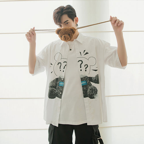 Sicilian men's assembly shoulder bag summer print short-sleeved shirt men's Korean version of the trend loose boys white shirt