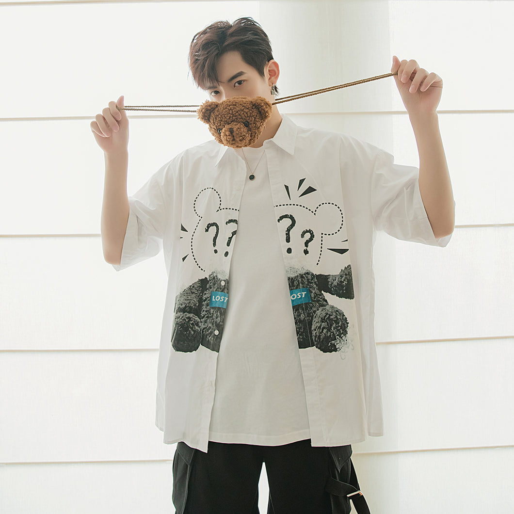 Sicilian men's assembly shoulder bag summer print short-sleeved shirt men's Korean version of the trend loose boys white shirt