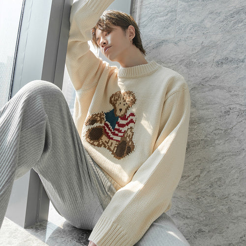 Sicilian men's bear jacquard long-sleeved sweater student pullover round neck sweater men's autumn jacket