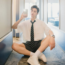 Load image into Gallery viewer, 【Limited Time Special】College style short-sleeved tie shirt male Korean style trend loose half-sleeved men&#39;s white shirt
