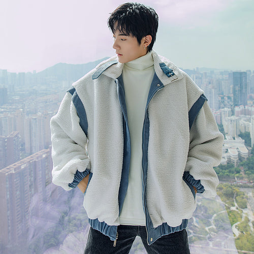 Sicilian men's winter new men's corduroy stand-up collar two sides wear warm loose handsome lamb wool coat