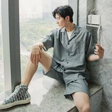 Load image into Gallery viewer, Striped short-sleeved shirt shorts two-piece loose men&#39;s trend casual suit men
