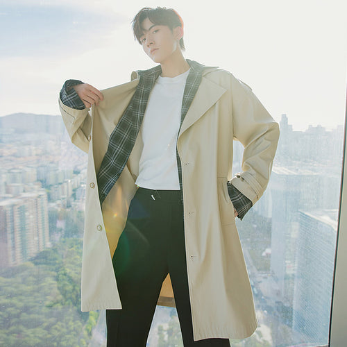 Sicilian men's autumn plaid stitching fake two-piece windbreaker men's Korean style trend Korean style men's mid-length jacket
