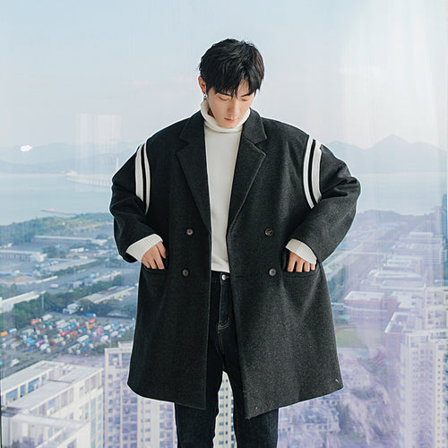 Sicilian men's handsome mid-length windbreaker stitching Korean loose autumn and winter woolen coat men