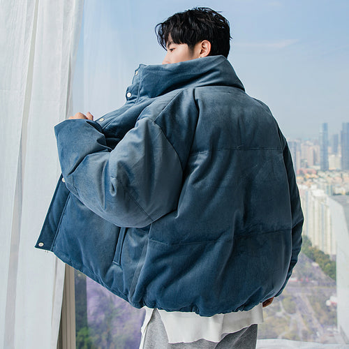 Sicilian men's and men's winter new stand-up collar cotton-padded clothes trend velvet bread clothes solid color warm thick coat