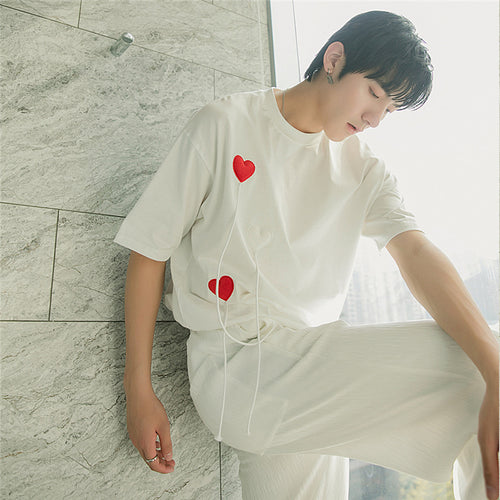 Sicilian Men's Spring and Autumn Love Embroidered Short Sleeve T-Shirt Men's Floating Broadband Youth T-shirt Crew Neck Top