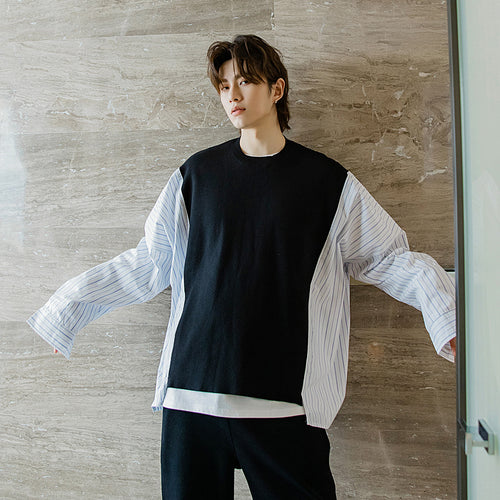 Sicilian men's autumn Korean men's design sense handsome shirt loose striped stitching sweater men thin