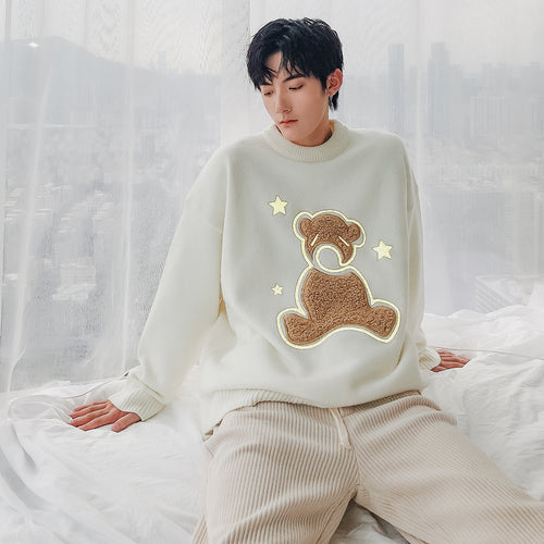 Sicilian men's youth winter new pullover sweater men's flocking cute bear casual crew neck sweater