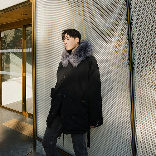 Sicilian men's Korean version of the trend of hooded fur collar padded jacket men's loose winter thick black padded jacket men