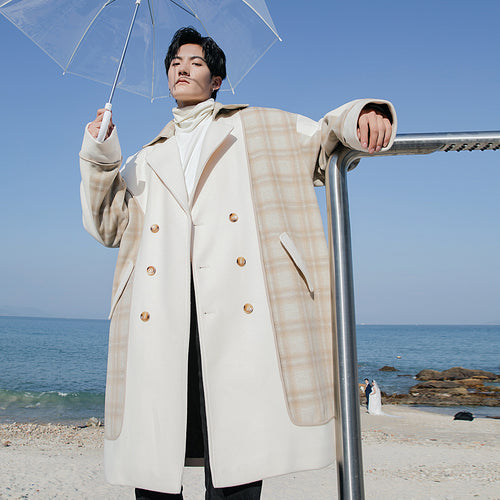 Sicilian men's winter new mid-length suit collar woolen coat contrast stitching Korean plaid jacket men