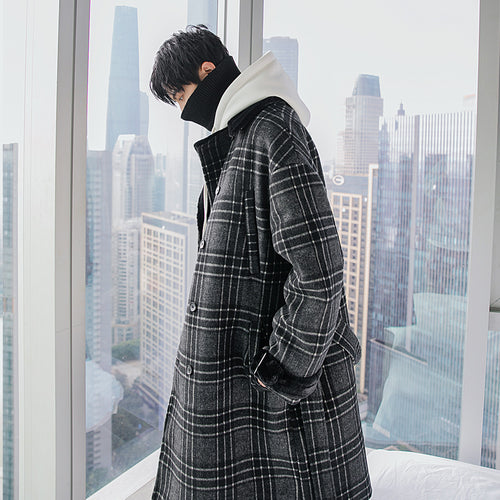 Sicilian men's mid-length belted woolen coat Korean style handsome plaid stitching thick coat 4694928810401 4694928810400 4694928810399 4694928810398