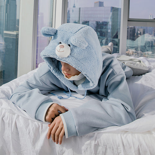 Sicilian men's winter new bear head hooded sweater trend wild loose casual lamb wool stitching top