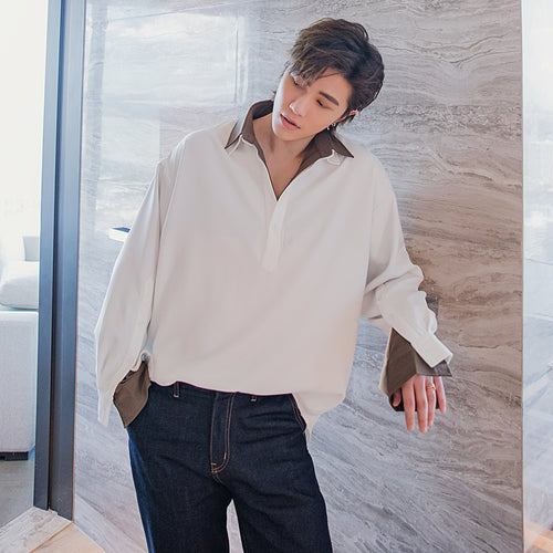 Sicilian men's autumn design sense fake two-piece long-sleeved t-shirt men's handsome white POLO shirt men's trend