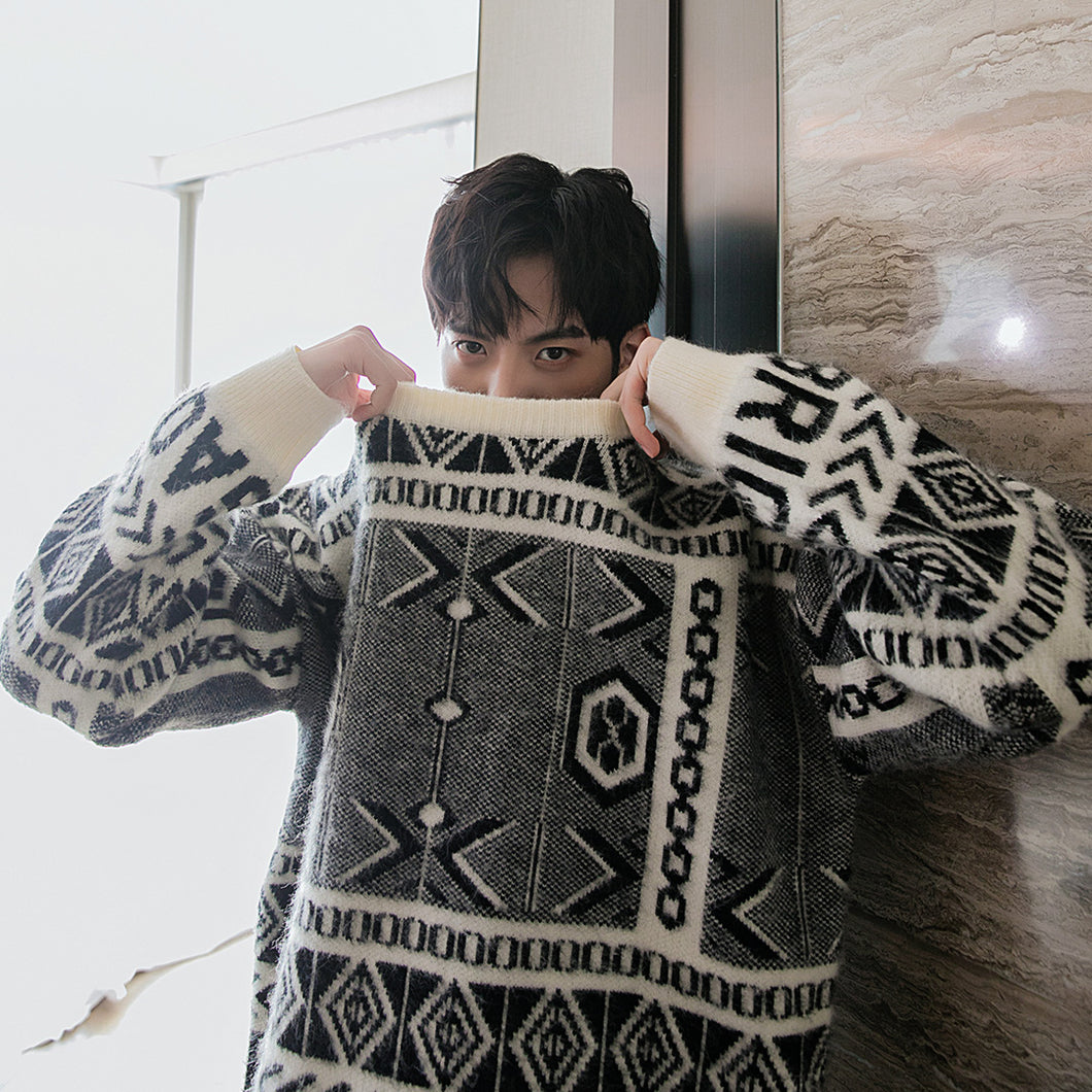 Sicilian men's winter new round neck sweater contrast jacquard retro style loose trend pullover sweater men