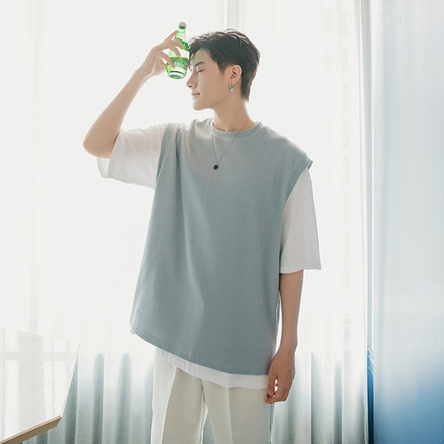 【Limited Time Special】Summer thin loose waistcoat sleeveless t-shirt men's outer wear black vest men's trend