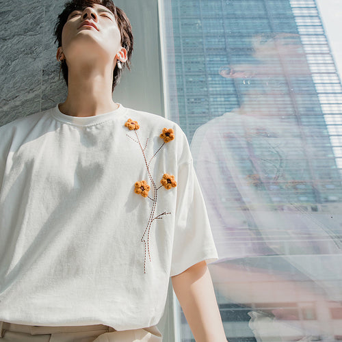 Sicilian men's summer half-sleeved men's tide brand trend loose men's design embroidery white short-sleeved t-shirt