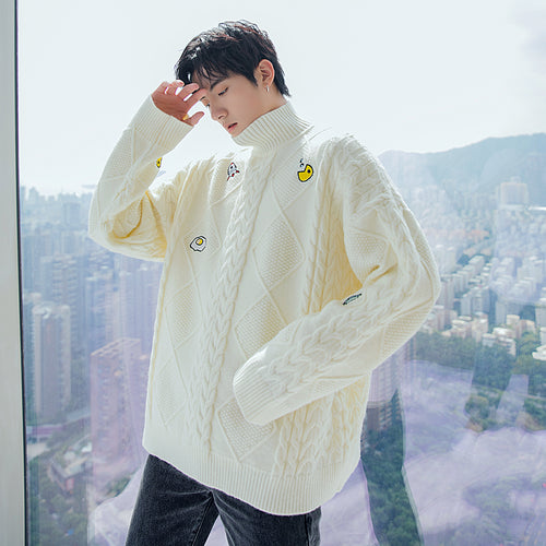 Sicilian Men's Men's New Turtleneck Sweater Twist Embroidery All-match Long Sleeve Top Loose Casual Knitwear